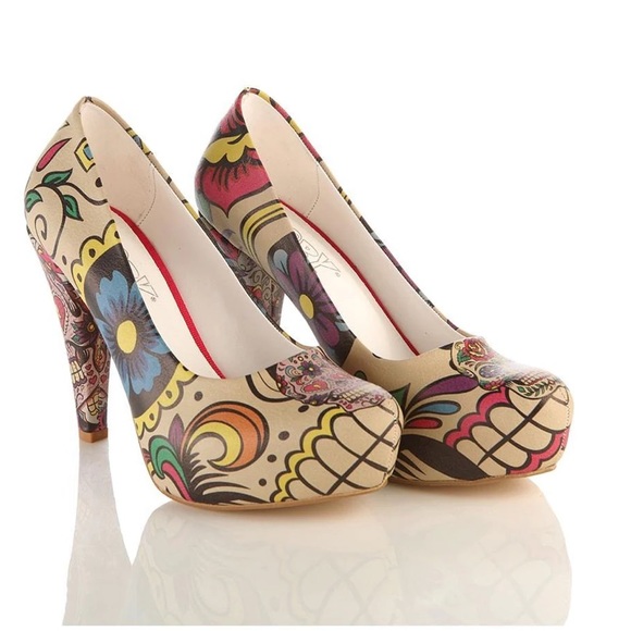 Goby Shoes - Goby Multiclored Sugar Skull Platform Pump PLT2050 Size 9.5